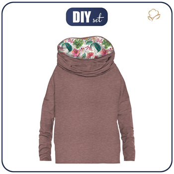 BLUZA DAMSKA (FURIA) NIETOPERZ Z KOMINEM - MELANŻ RÓŻ KWARCOWY / tropikalna dżungla - zestaw do uszycia M