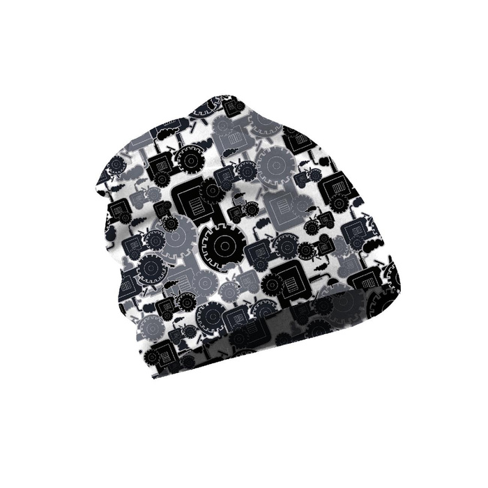 DZIECIĘCA CZAPKA I CHUSTA (CLASSIC) - TRAKTORY / szare 48-50