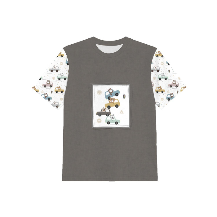 T-SHIRT DZIECIĘCY - KOLOROWE AUTKA / szary (MIEJSKIE MISIE) - single jersey (92/98)
