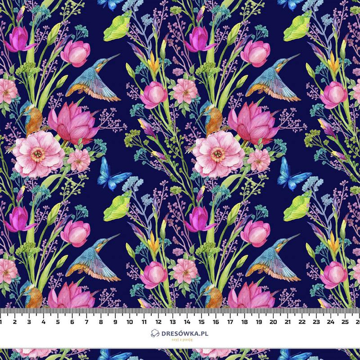 MINI KINGFISHERS AND BUTTERFLIES (KINGFISHERS IN THE MEADOW) / dark blue - looped knit fabric with elastane ITY