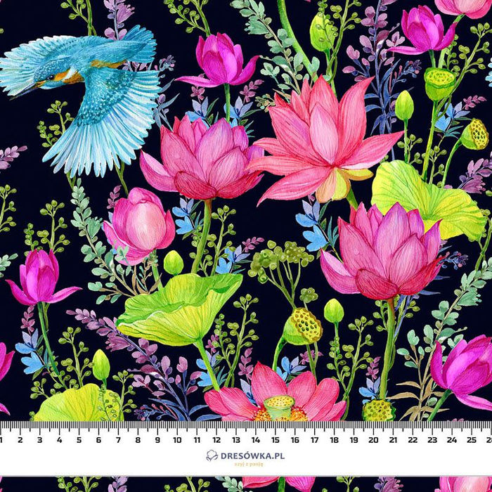 KINGFISHERS AND POPPIES (KINGFISHERS IN THE MEADOW) / black- single jersey with elastane ITY