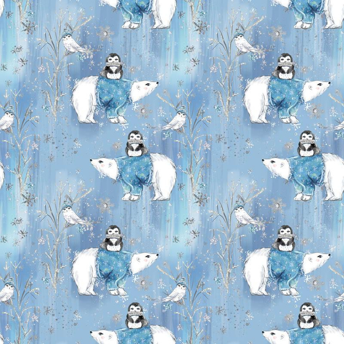 PENGUINS ON BEARS / light blue (ENCHANTED WINTER) - Cotton woven fabric