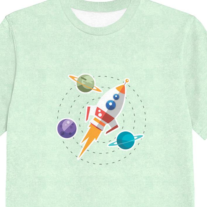KID’S T-SHIRT - ROCKET AND PLANETS (SPACE EXPEDITION) / ACID WASH MINT - single jersey (92/98)