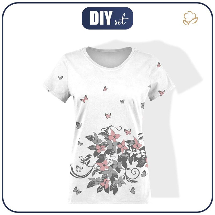 T-SHIRT DAMSKI - FLORAL / szaro-różowy - single jersey XS