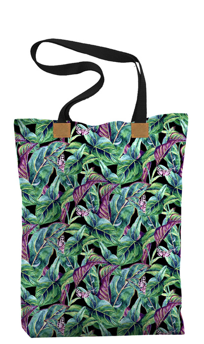 SHOPPER BAG - MINI LEAVES AND INSECTS PAT. 1 (TROPICAL NATURE) / black - Waterproof woven fabric - sewing set