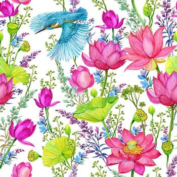 KINGFISHERS AND POPPIES (KINGFISHERS IN THE MEADOW) / white - Slub Weave