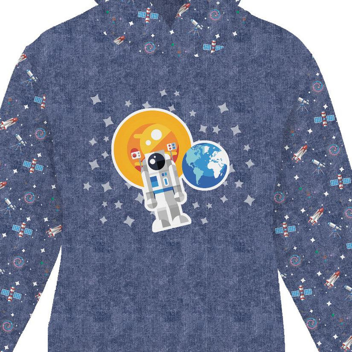 KID'S HOODIE (ALEX) - ASTRONAUT (SPACE EXPEDITION) / ACID WASH DARK BLUE - looped knit fabric (146/152)