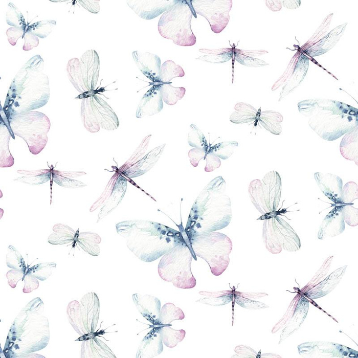 BUTTERFLIES AND DRAGONFLIES (WATER-COLOR BUTTERFLIES) - Cotton woven fabric