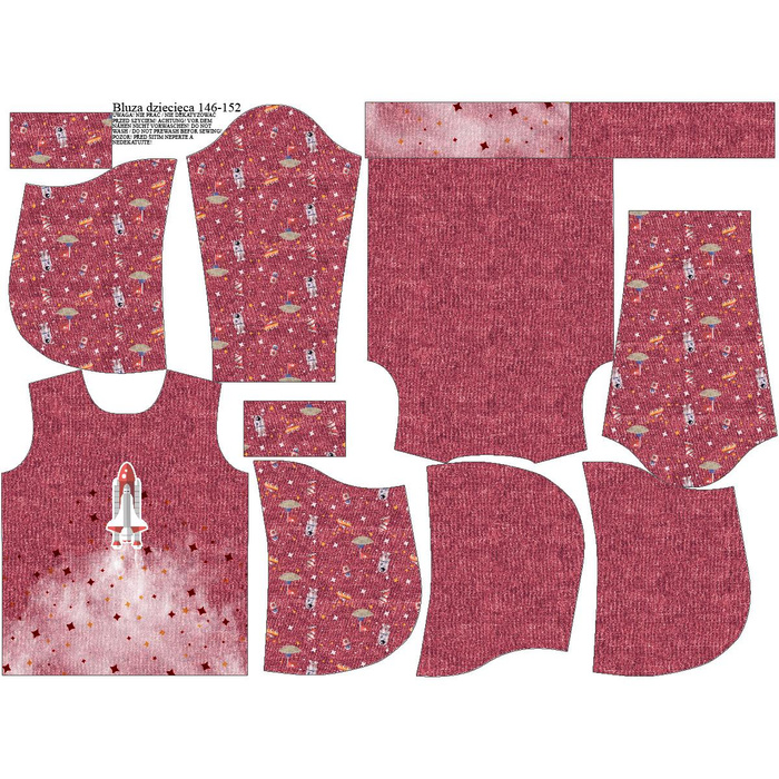 KID'S HOODIE (ALEX) - SPACESHIP (SPACE EXPEDITION) / ACID WASH MAROON - looped knit fabric (146/152)