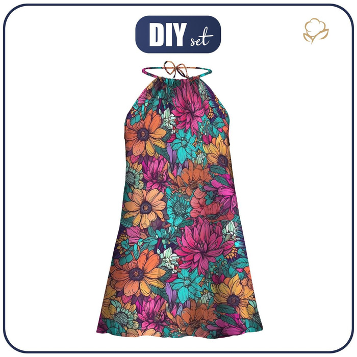 DRESS "DALIA" MINI - WATER-COLOR FLOWERS pat. 7 - sewing set XXS-XS