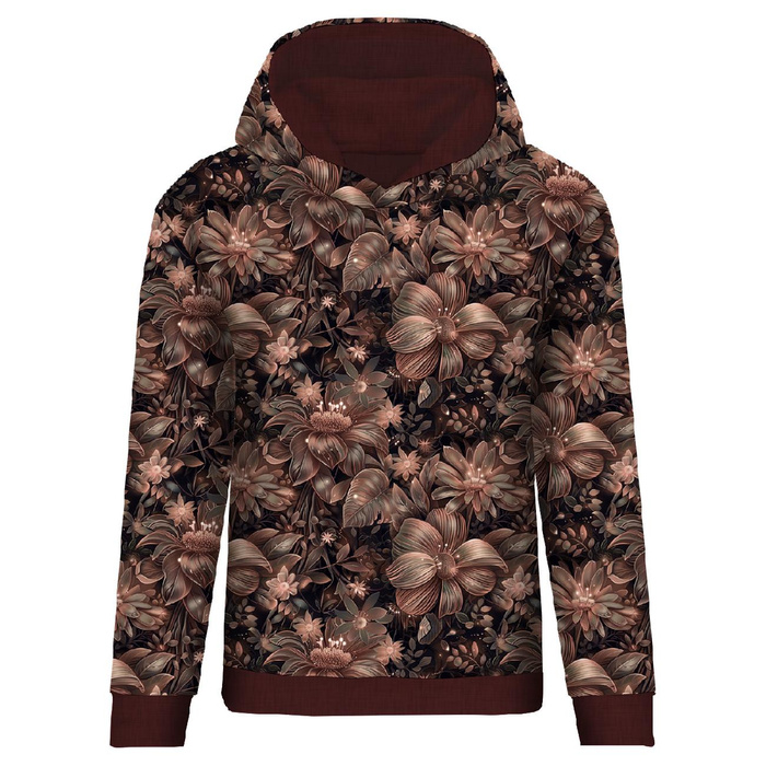 DÁMSKA MIKINA "POLA" (XS) CLASSIC S KAPUCÍ - FLOWERS VZ.10/ Mocha Mousse - Sada šití