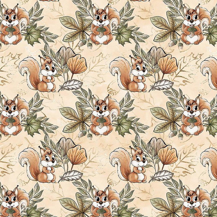 SQUIRRELS AND LEAVES pat. 1 (AUTUMN IN THE FOREST) - Cotton woven fabric
