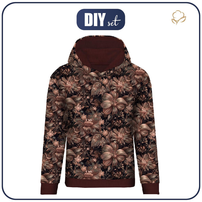 DÁMSKA MIKINA "POLA" (XS) CLASSIC S KAPUCÍ - FLOWERS VZ.10/ Mocha Mousse - Sada šití