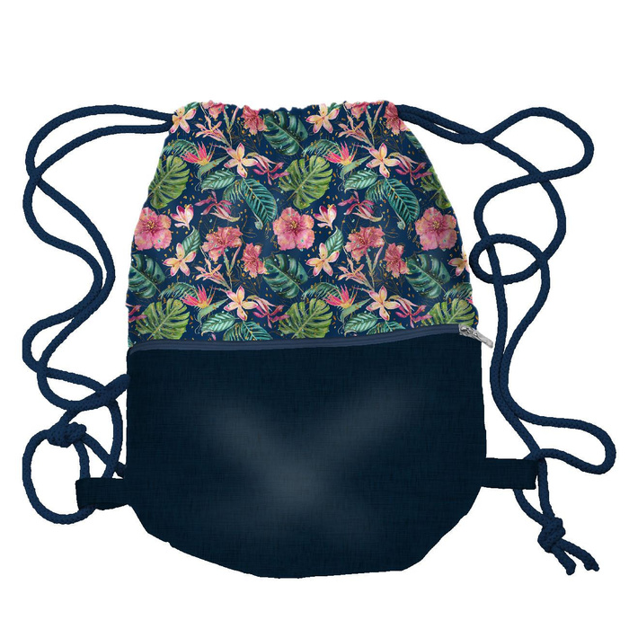 GYM BAG WITH POCKET - TROPICAL JUNGLE / dark blue - sewing set