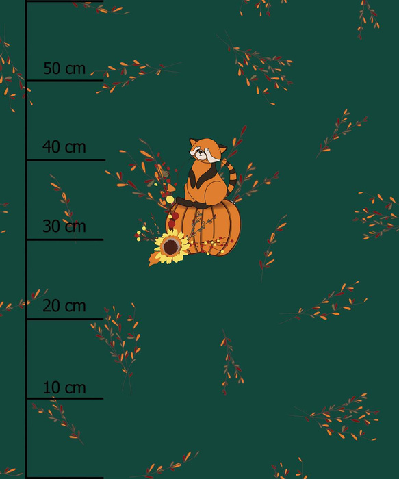 RED PANDA ON A PUMPKIN / bottled green (RED PANDA’S AUTUMN)  - panel (60cm x 50cm)