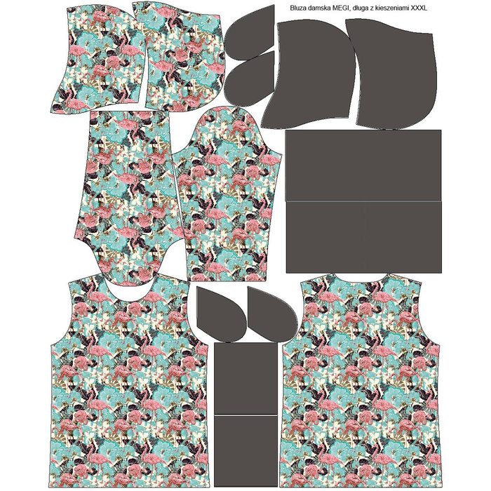 LONG WOMEN’S HOODIE (MEGI) - FLAMINGOS AND MONSTERAS - looped knit fabric