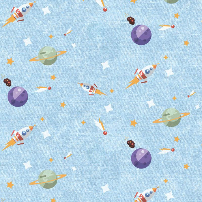 PLANETS AND ROCKETS (SPACE EXPEDITION) / ACID WASH LIGHT BLUE - Cotton woven fabric