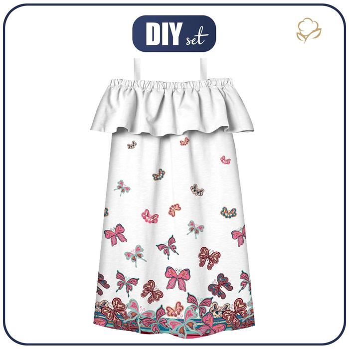 Bardot neckline dress (LILI) - BUTTERFLIES (pat. 1 pink) / white - sewing set - 134-140