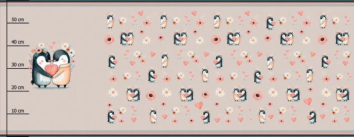 PENGUINS IN LOVE - panoramic panel teplákovina počesaná s elastanem ITY (60cm x 155cm)