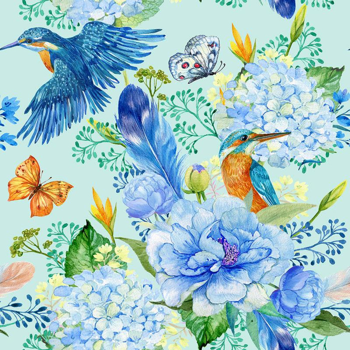 EISVÖGEL UND FLIEDER (EISVÖGEL AUF DER WIESE) / hellblau - Wasserabweisende Webware