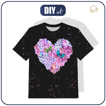 KID’S T-SHIRT - HEART FLOWERS / black - sewing set (92/98)