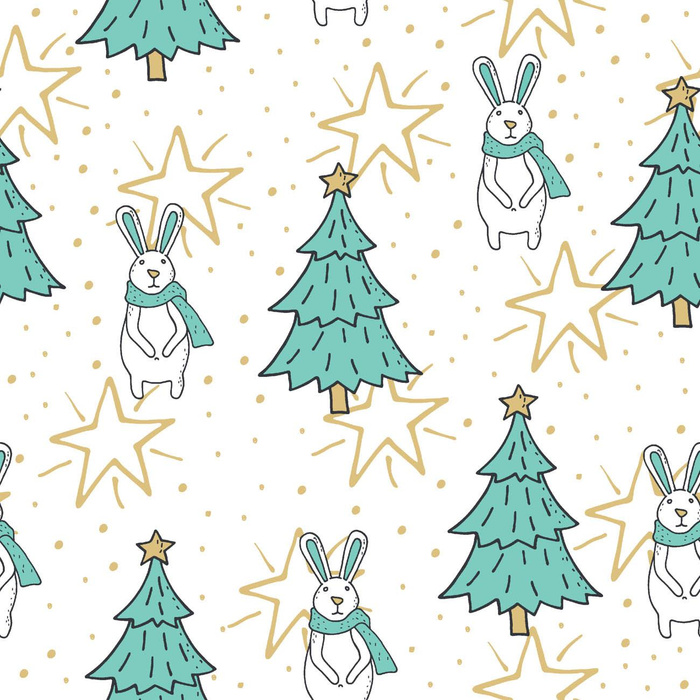 HARES WITH CHRISTMAS TREES / white - single jersey with elastane 
