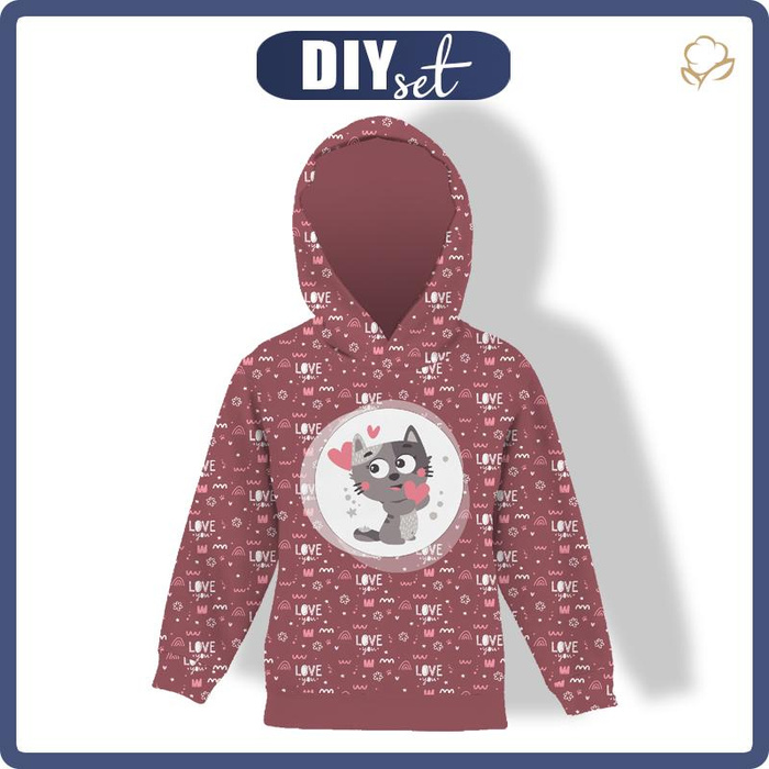 KINDER HOODIE (ALEX) - KATZEN / love you (KATZENWELT) / ACID WASH DUNKELROT - Sommersweat (122/128)