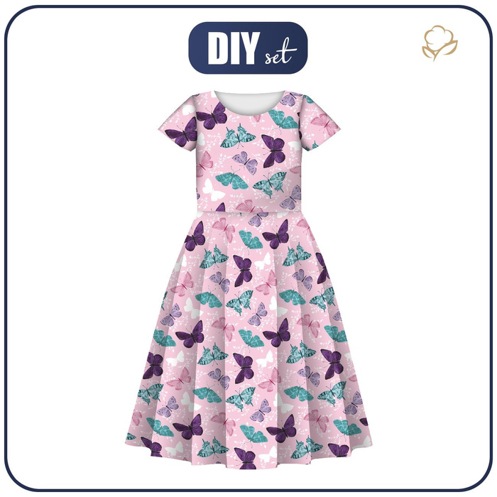 KID'S DRESS "MIA" - BUTTERFLIES PAT. 5 / pink (PURPLE BUTTERFLIES) - sewing set (110/116)