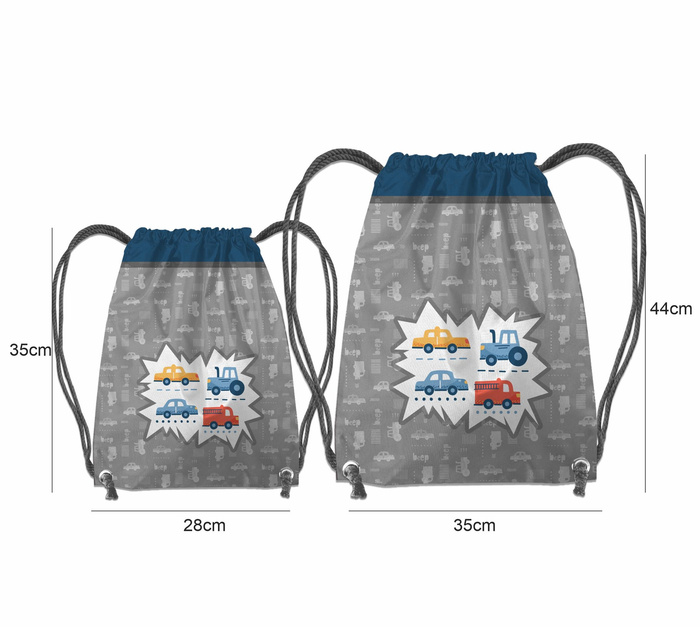 GYM BAG - VEHICLES pat. 2 / white (ADVENTURE BEGINS) - sewing set