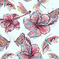 HIBISKUS UND SCHMETTERLINGE - Baumwoll Webware