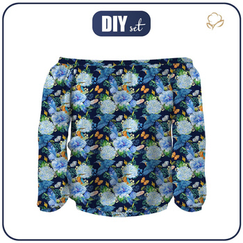 Bardot neckline blouse (SOFIA) - KINGFISHERS AND LILACS (KINGFISHERS IN THE MEADOW) / navy - sewing set S