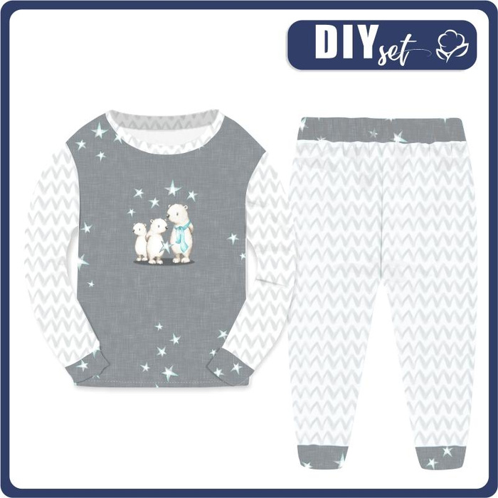 CHILDREN'S PAJAMAS " MIKI" - TEDDIES AND STARS / acid grey (MAGICAL CHRISTMAS FOREST) - Elastic cotton knit fabric (122/128)