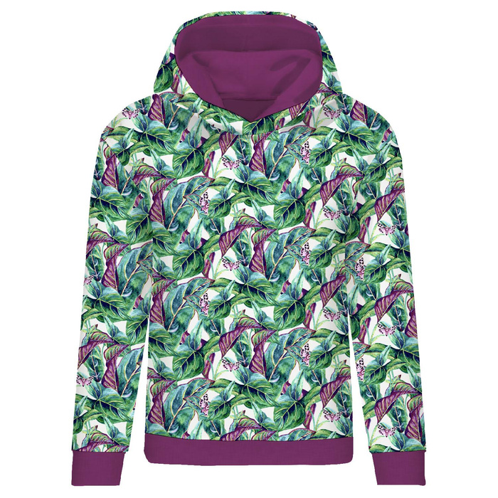 CLASSIC WOMEN’S HOODIE (POLA) - MINI LEAVES AND INSECTS PAT. 1 (TROPICAL NATURE) / white - looped knit fabric - XXXL