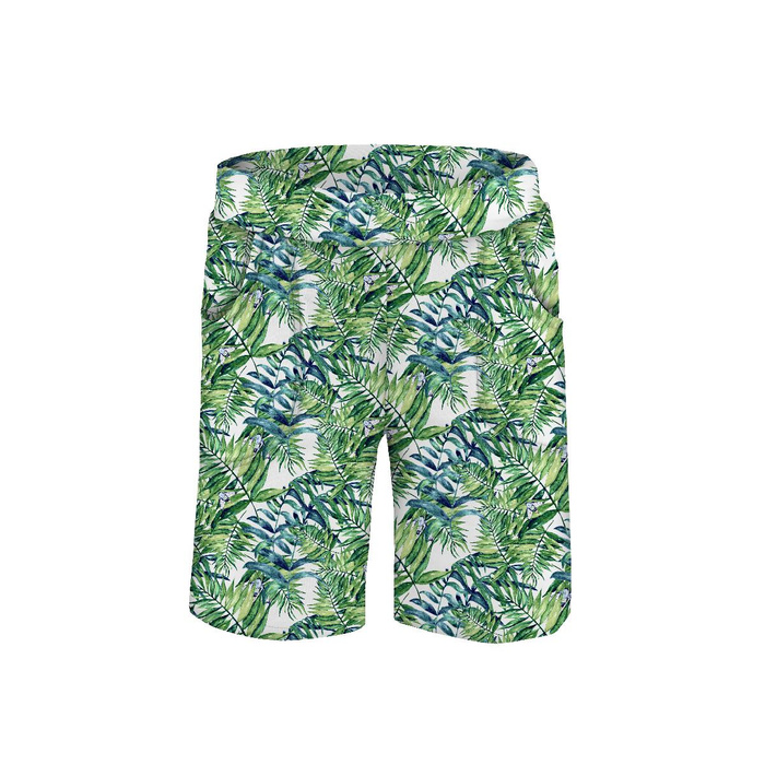 KID`S SHORTS (RIO) - MINI LEAVES AND INSECTS PAT. 6 (TROPICAL NATURE) / white - looped knit fabric (134/140)
