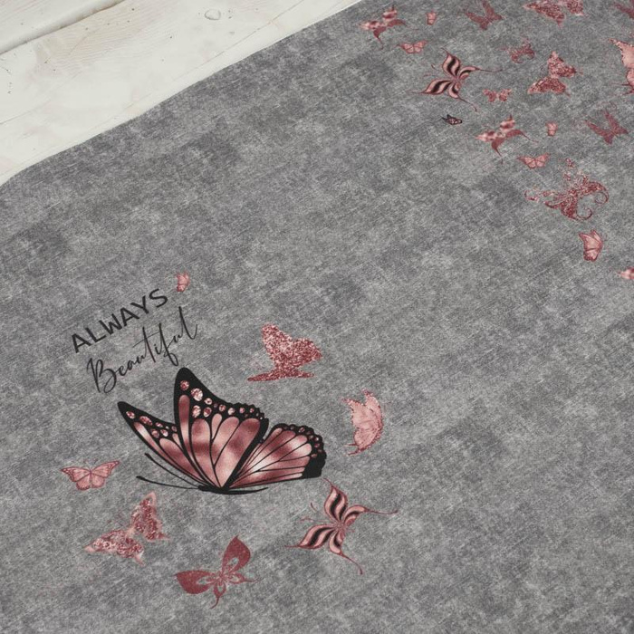 ALWAYS BEAUTIFUL (BROKATOWE MOTYLE) / ACID WASH SZARY - PANEL PANORAMICZNY SINGLE JERSEY (60cm x 155cm)