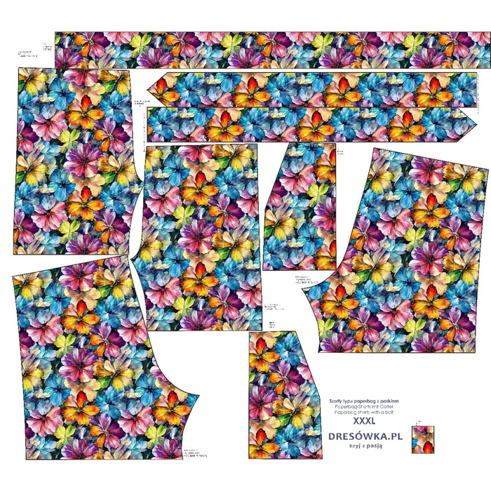 PAPERBAG SHORTS - WATER-COLOR FLOWERS pat. 8 - sewing set XS