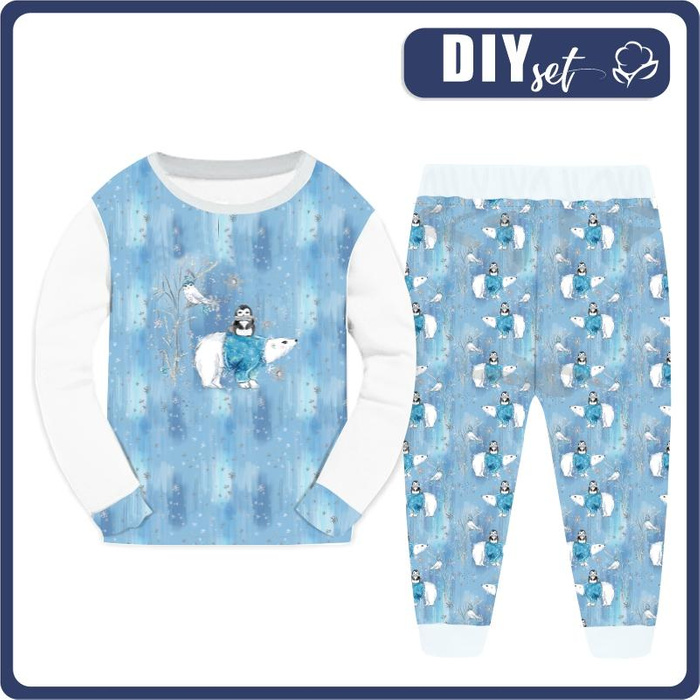 KINDERPYJAMAS "MIKI" - PINGUIN AUF DEM BÄR / Schneehimmel (VERZAUBERTER WINTER) - Elastische Baumwoll Maschenware (122/128)