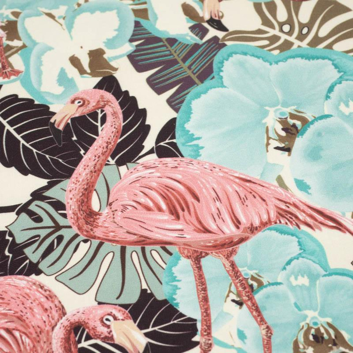 FLAMINGOS AND  MONSTERAS - looped knit fabric