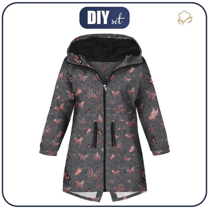 PARKA DZIECIĘCA (ARIEL) - MOTYLE (BROKATOWE MOTYLE) / ACID WASH SZARY - softshell (146/152)
