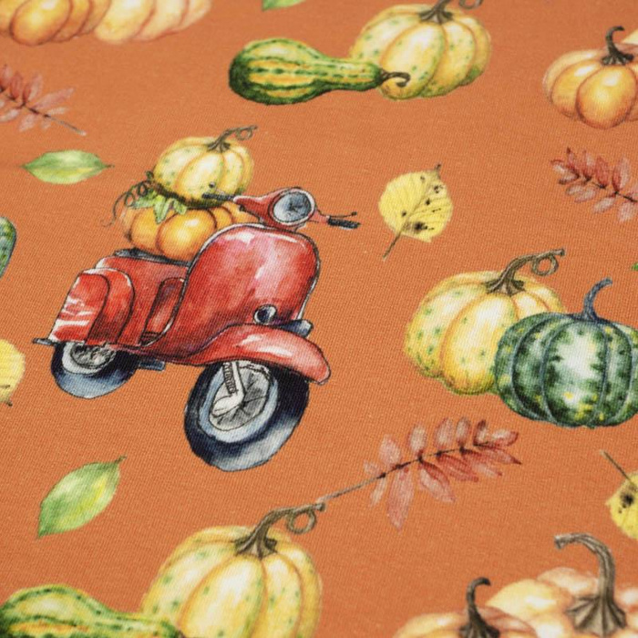 KÜRBISSE AUF DEM SCOOTER (Blätter) / orange (KÜRBISGARTEN) - French Terry mit Elasthan