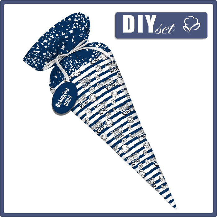 First Grade Candy Cone - SCHRECKLICH COOLES KIND / DARK BLUE STRIPES (SCHOOL DRAWINGS) - sewing set