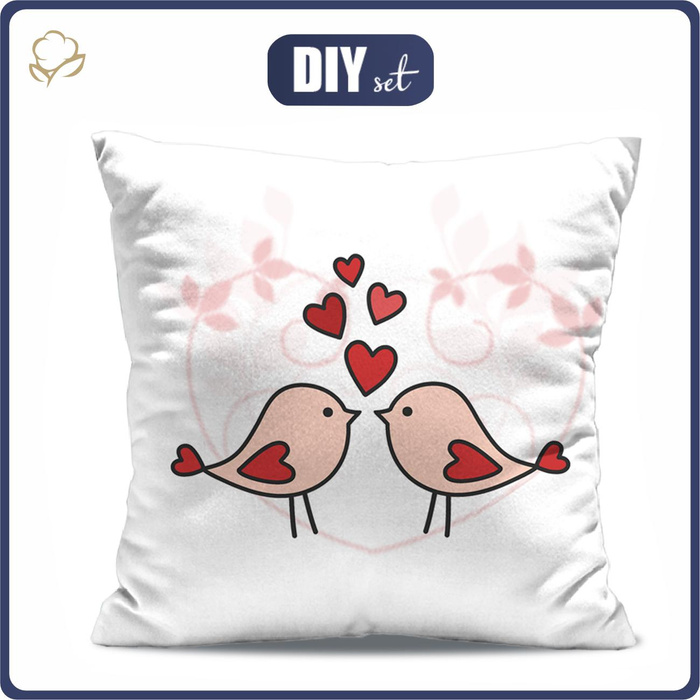 PODUSZKA 45X45 - ZAKOCHANE PTAKI (HAPPY VALENTINE’S DAY) - tkanina bawełniana - zestaw do uszycia