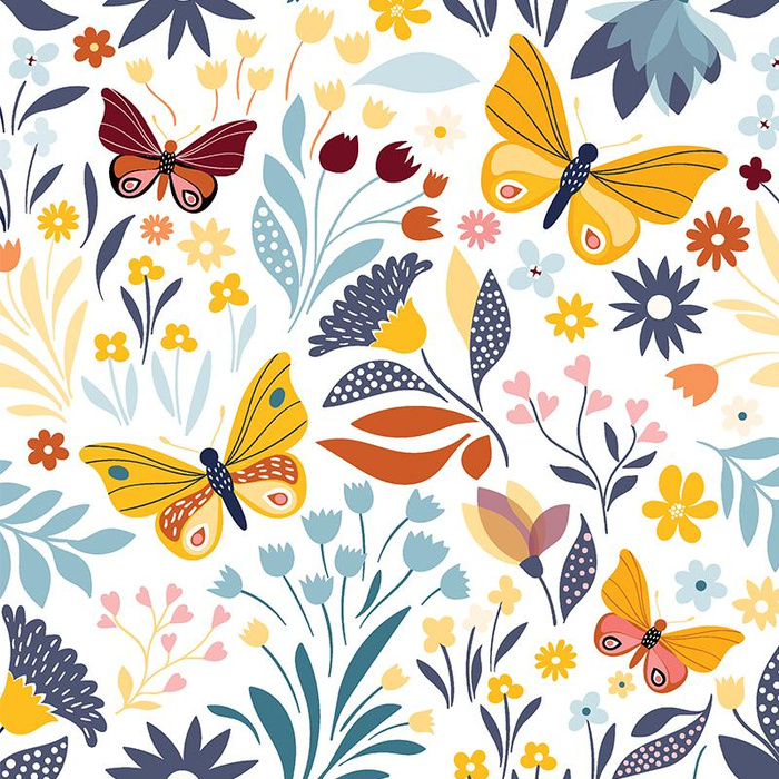 FOLK BUTTERFLIES / white - Cotton woven fabric