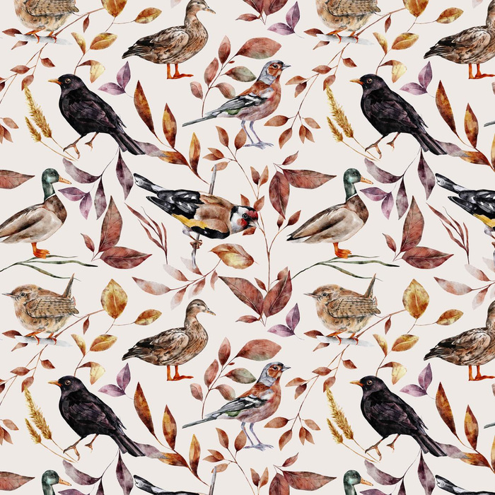 BIRDS PAT. 2 / WHITE (COLORFUL AUTUMN) - Waterproof woven fabric