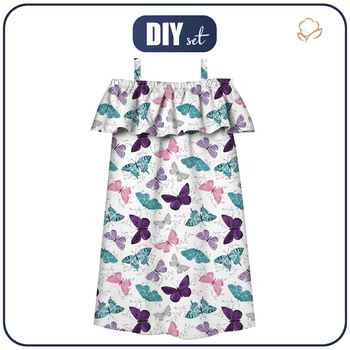 Bardot neckline dress (LILI) - BUTTERFLIES PAT. 5 / white  (PURPLE BUTTERFLIES) - sewing set - 110-116