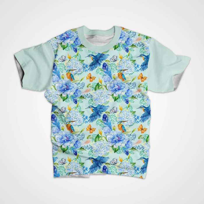 MINI KINGFISHERS AND LILACS (KINGFISHERS IN THE MEADOW) / light blue - Cotton woven fabric