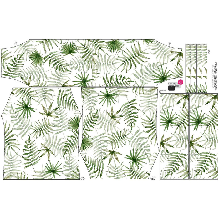 Bardot neckline blouse (VIKI) - TROPICAL LEAVES pat. 3 / white (JUNGLE) - sewing set