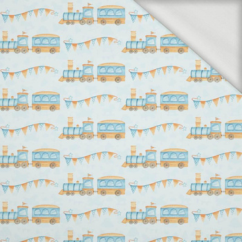 LOCOMOTIVES / garland / light blue (CHILDREN'S TOYS) - looped knit fabric