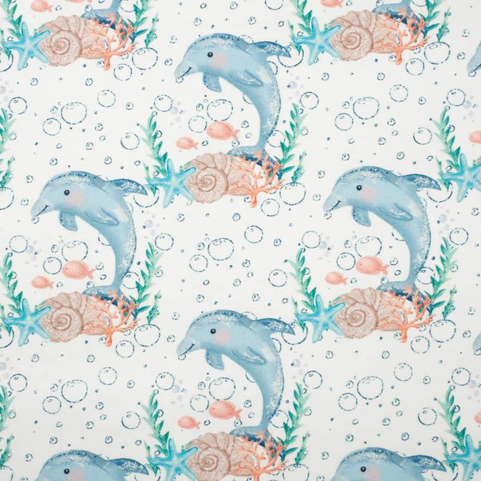 DOLPHINS pat. 3 (MAGICAL OCEAN) / white - Waterproof woven fabric
