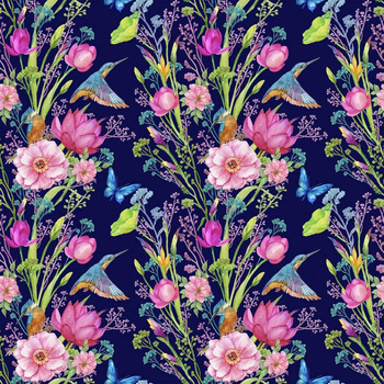 MINI KINGFISHERS AND BUTTERFLIES (KINGFISHERS IN THE MEADOW) / dark blue - Nylon fabric PUMI